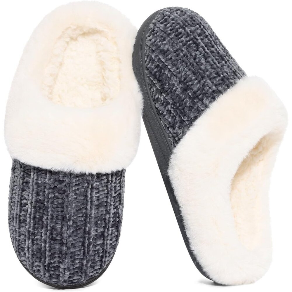 ⚡Women Charcoal Grey Faux Fur Fleece Comfy Wool Like Warm Knit Chenille Slipper